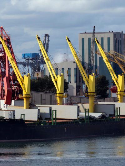 A ship being unloaded in the Port of Rotterdam in the Netherlands.