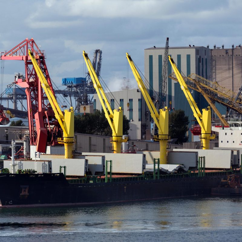 A ship being unloaded in the Port of Rotterdam in the Netherlands.